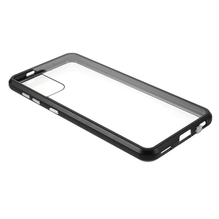 Metal Frame Magnetic + Lock Installation with Double Side Tempered Glass Case (no Fingerprint Function but with Face Recognition Function) for Samsung Galaxy S21 4G/5G 4G/5G - Black