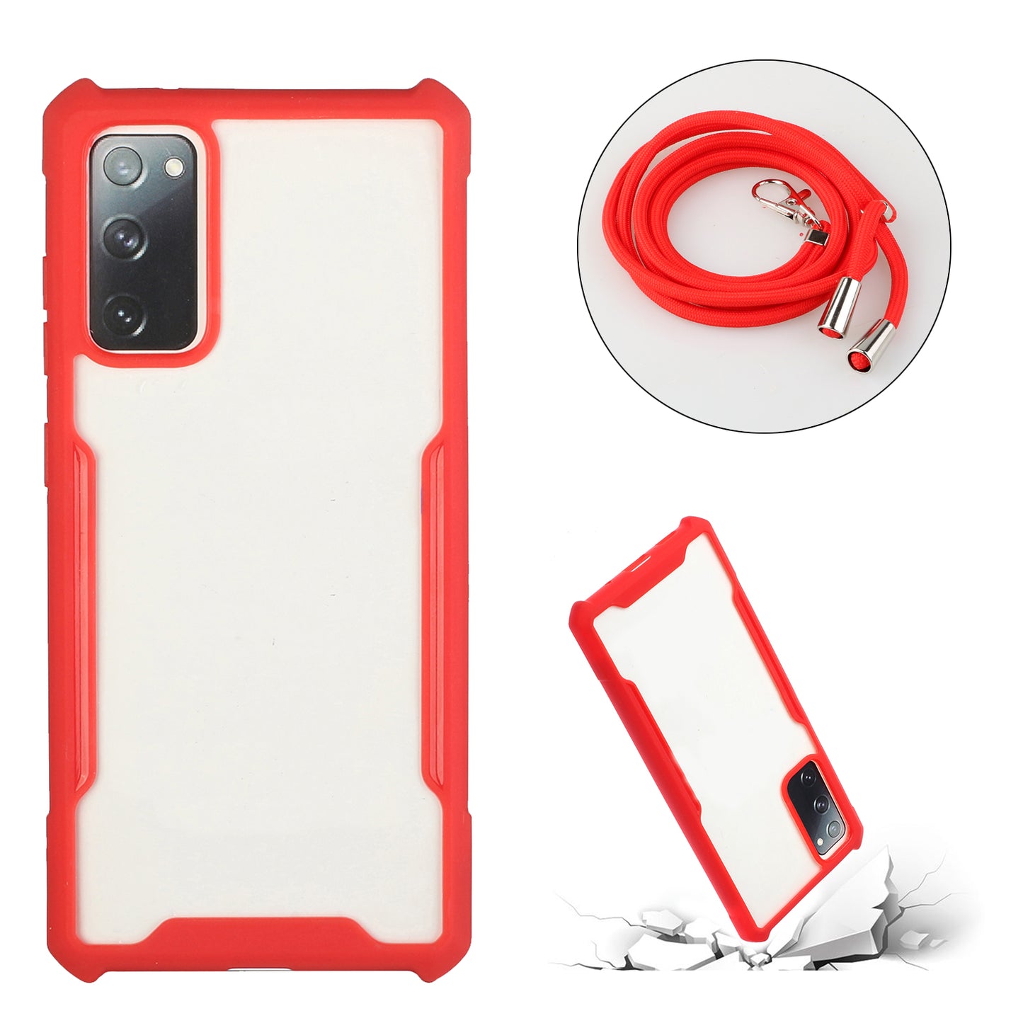 Acrylic+TPU Shockproof Phone Case with Strap for Samsung Galaxy S20 FE 4G/FE 5G/S20 Lite/S20 FE 2022 - Red