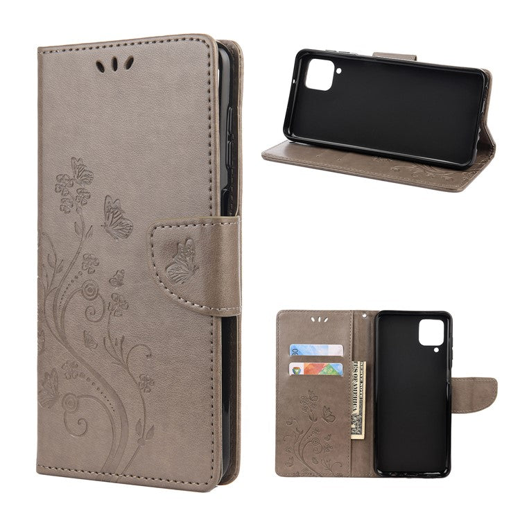 Leather Wallet Butterfly Flower Imprinting Case with Stand for Samsung Galaxy A12 - Grey