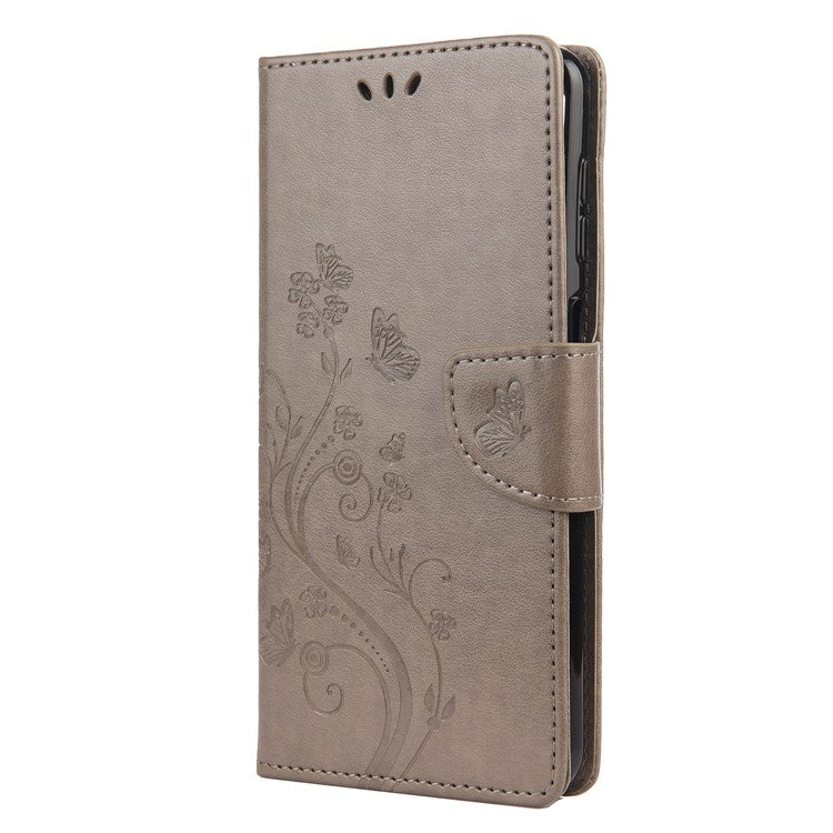 Leather Wallet Butterfly Flower Imprinting Case with Stand for Samsung Galaxy A12 - Grey