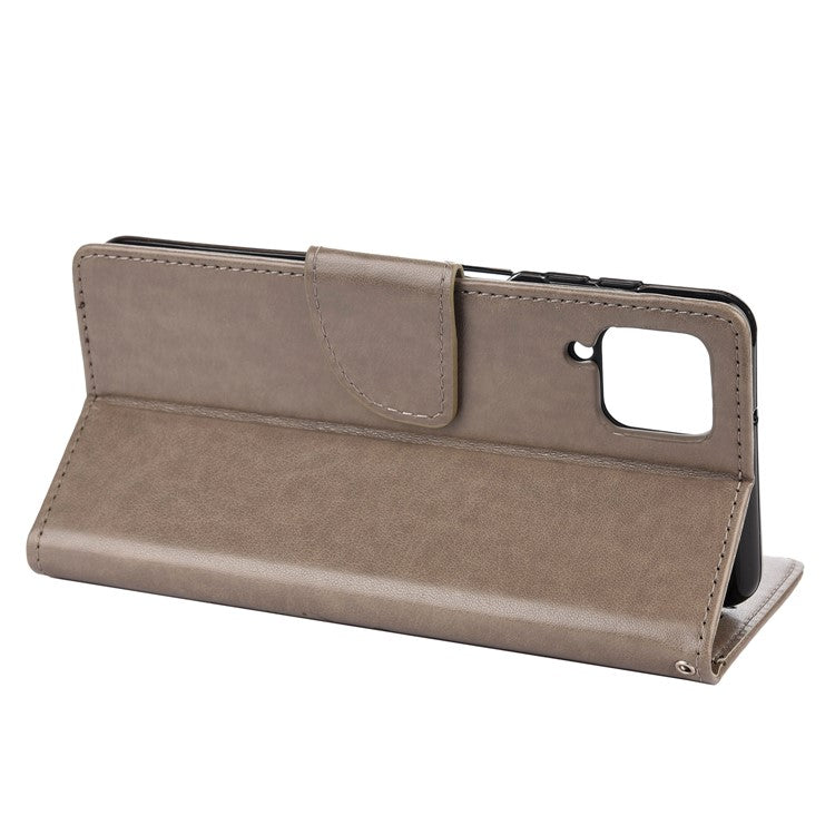 Leather Wallet Butterfly Flower Imprinting Case with Stand for Samsung Galaxy A12 - Grey