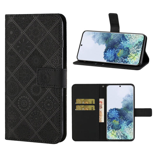 Imprint Ethnic Style Flower Wallet Leather Case for Samsung Galaxy S20 FE 4G/FE 5G/S20 Lite/S20 FE 2022 - Black
