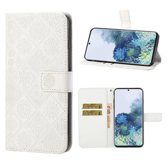 Imprint Ethnic Style Flower Wallet Leather Case for Samsung Galaxy S20 FE 4G/FE 5G/S20 Lite/S20 FE 2022 - White