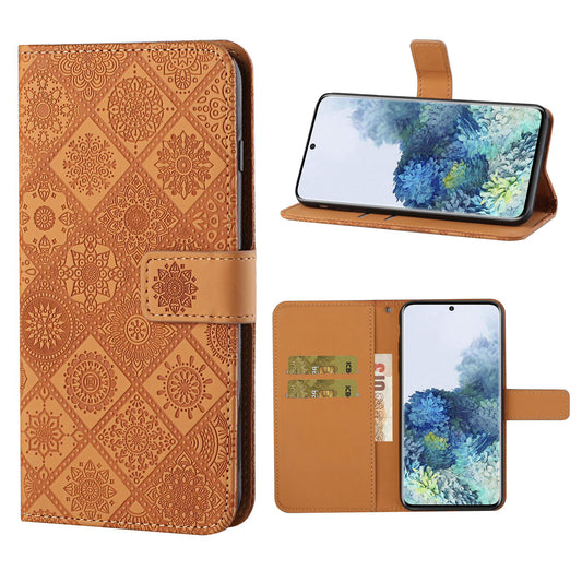 Imprint Ethnic Style Flower Wallet Leather Case for Samsung Galaxy S20 FE 4G/FE 5G/S20 Lite/S20 FE 2022 - Brown