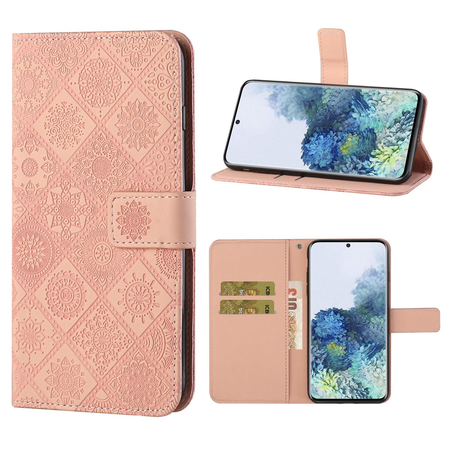Imprint Ethnic Style Flower Wallet Leather Case for Samsung Galaxy S20 FE 4G/FE 5G/S20 Lite/S20 FE 2022 - Pink