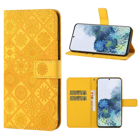 Imprint Ethnic Style Flower Wallet Leather Case for Samsung Galaxy S20 FE 4G/FE 5G/S20 Lite/S20 FE 2022 - Yellow