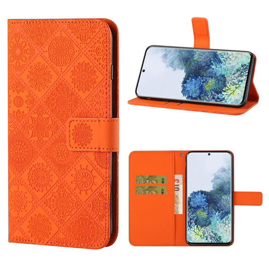 Imprint Ethnic Style Flower Wallet Leather Case for Samsung Galaxy S20 FE 4G/FE 5G/S20 Lite/S20 FE 2022 - Orange