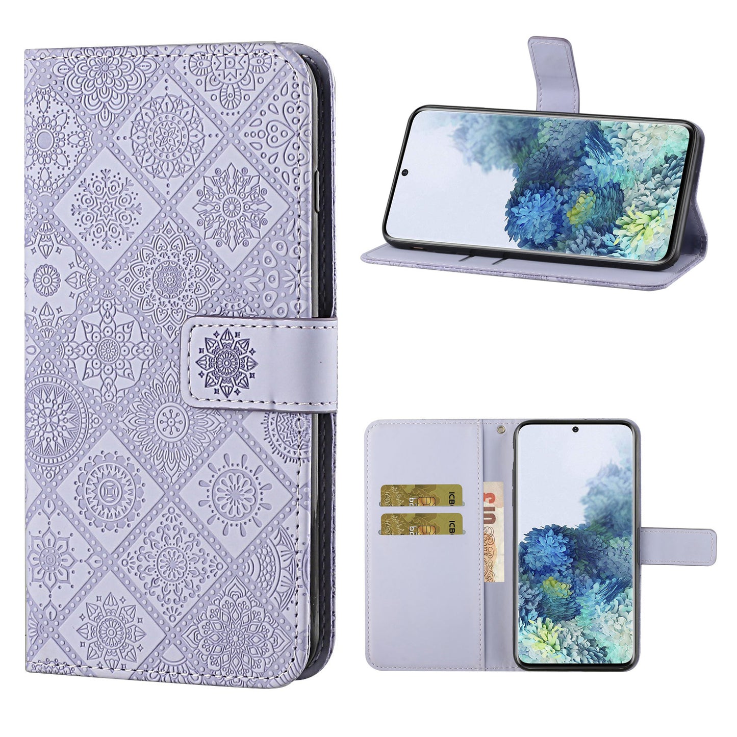 Imprint Ethnic Style Flower Wallet Leather Case for Samsung Galaxy S20 FE 4G/FE 5G/S20 Lite/S20 FE 2022 - Purple