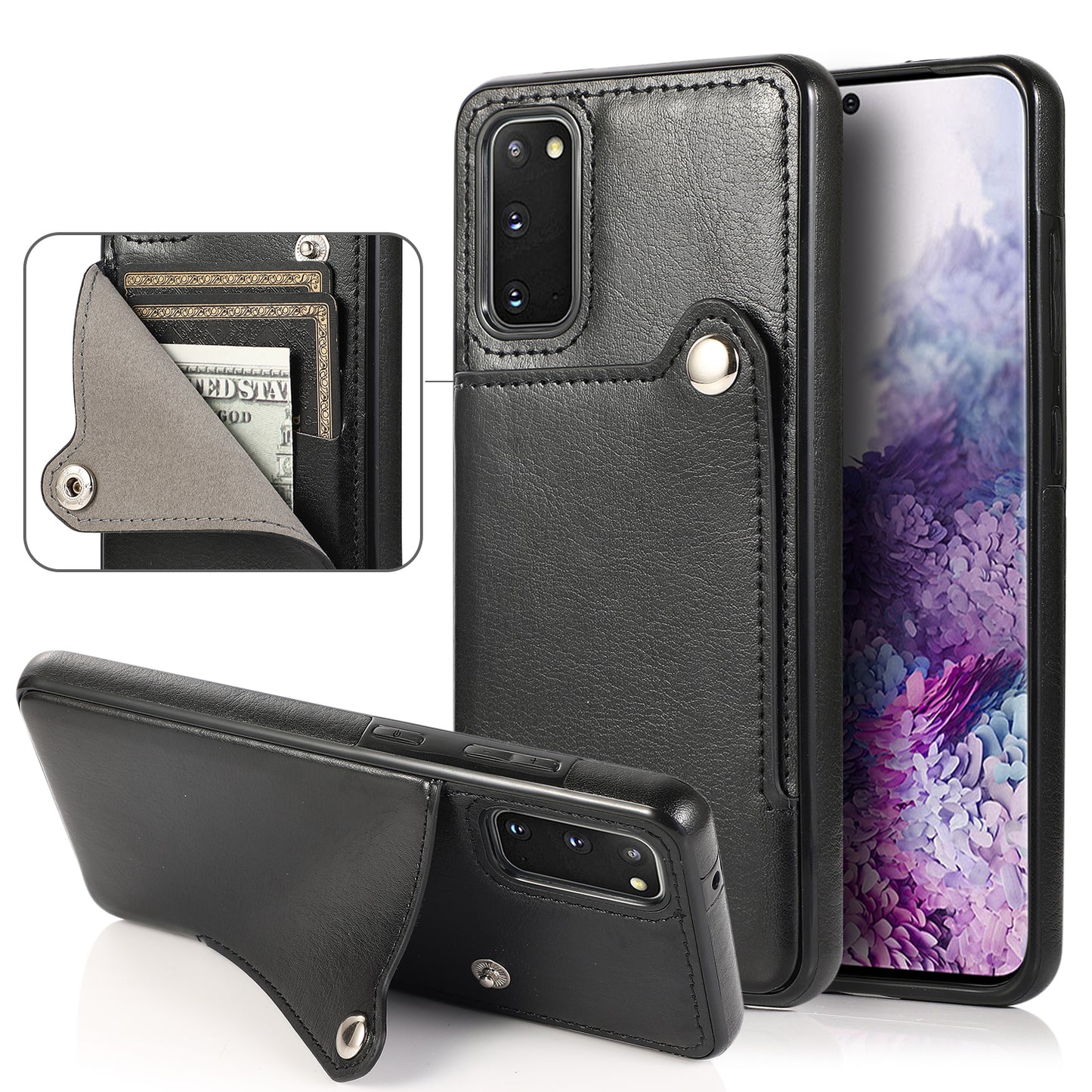 Kickstand Card Slots TPU + PU Leather Phone Protective Case for Samsung Galaxy S20 FE 4G/FE 5G/S20 Lite/S20 FE 2022  - Black