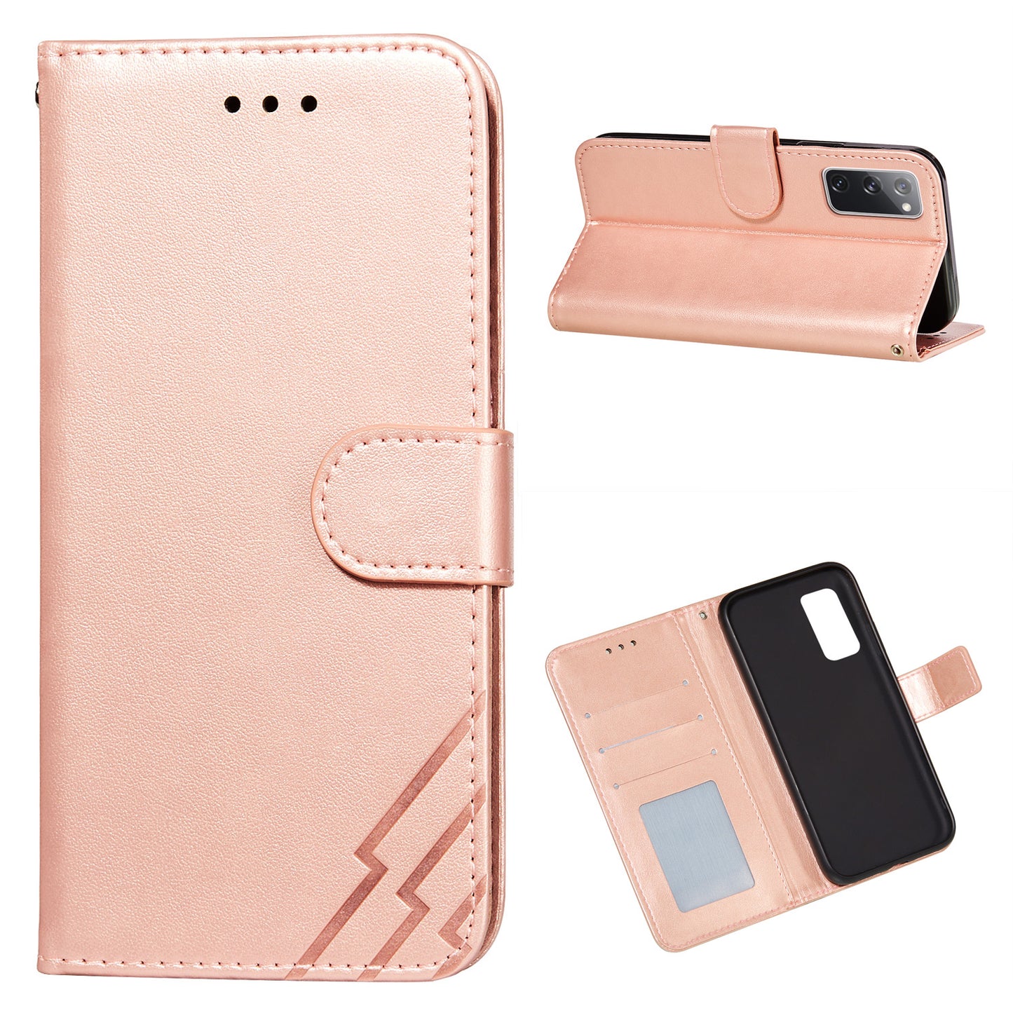 Wallet Stand Leather Phone Cover Case with Stripes Imprinting for Samsung Galaxy S20 FE 4G/FE 5G/S20 Lite/S20 FE 2022 - Rose Gold