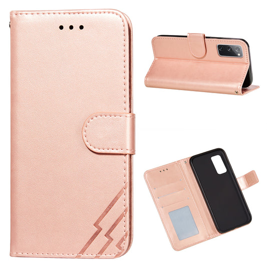 Wallet Stand Leather Phone Cover Case with Stripes Imprinting for Samsung Galaxy S20 FE 4G/FE 5G/S20 Lite/S20 FE 2022 - Rose Gold
