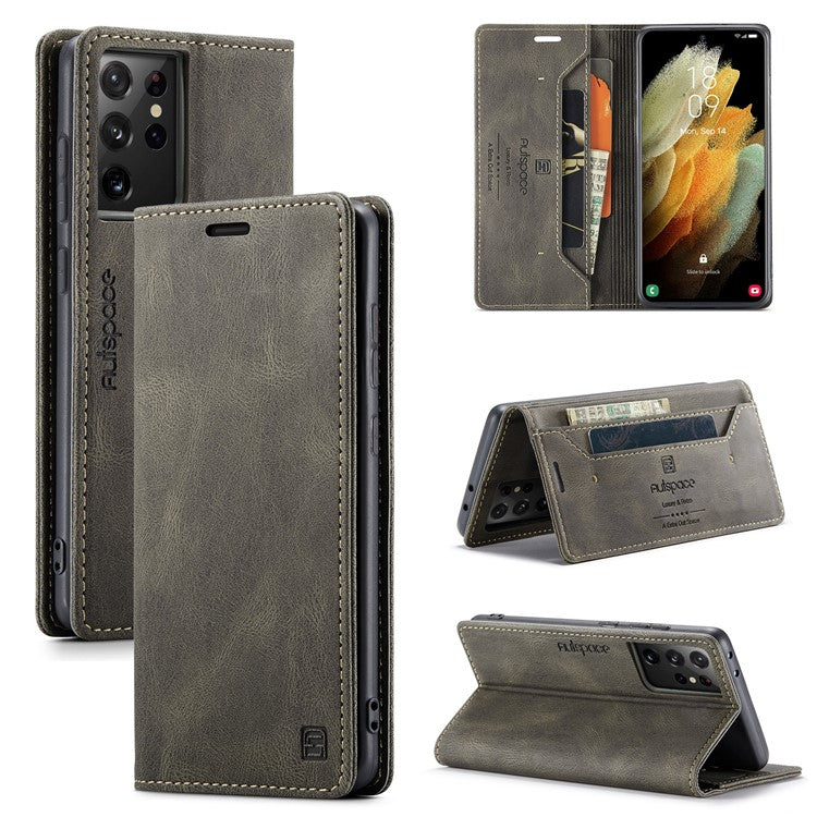 AUTSPACE A01 Series for Samsung Galaxy S21 Ultra 5G Leather Case Wallet RFID Blocking Cover - Coffee