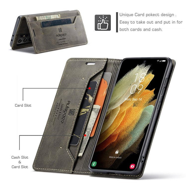 AUTSPACE A01 Series for Samsung Galaxy S21 Ultra 5G Leather Case Wallet RFID Blocking Cover - Coffee
