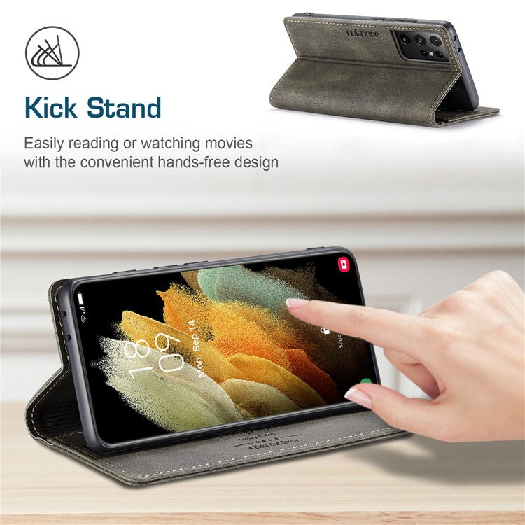 AUTSPACE A01 Series for Samsung Galaxy S21 Ultra 5G Leather Case Wallet RFID Blocking Cover - Coffee
