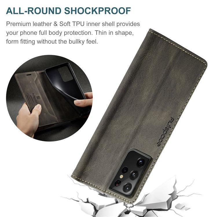 AUTSPACE A01 Series for Samsung Galaxy S21 Ultra 5G Leather Case Wallet RFID Blocking Cover - Coffee