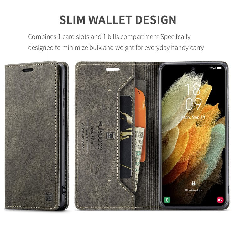 AUTSPACE A01 Series for Samsung Galaxy S21 Ultra 5G Leather Case Wallet RFID Blocking Cover - Coffee