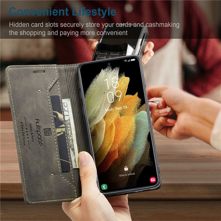 AUTSPACE A01 Series for Samsung Galaxy S21 Ultra 5G Leather Case Wallet RFID Blocking Cover - Coffee