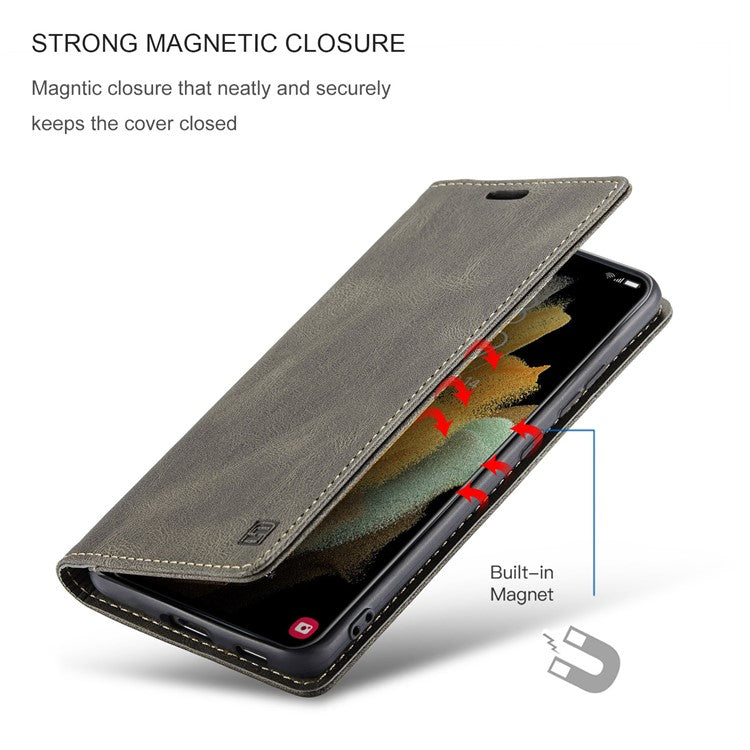 AUTSPACE A01 Series for Samsung Galaxy S21 Ultra 5G Leather Case Wallet RFID Blocking Cover - Coffee
