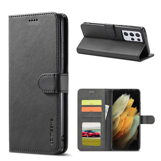 LC.IMEEKE for Samsung Galaxy S21 Ultra 5G Adjustable Stand Protective Leather Wallet Design Case - Black