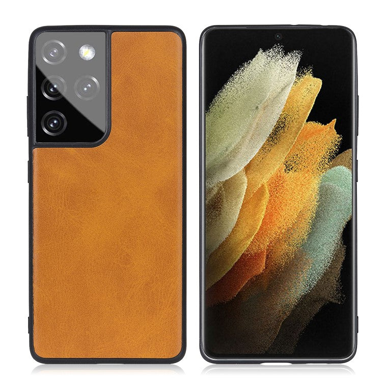 Leather Coated TPU+PC Phone Case for Samsung Galaxy S21 Ultra 5G - Brown
