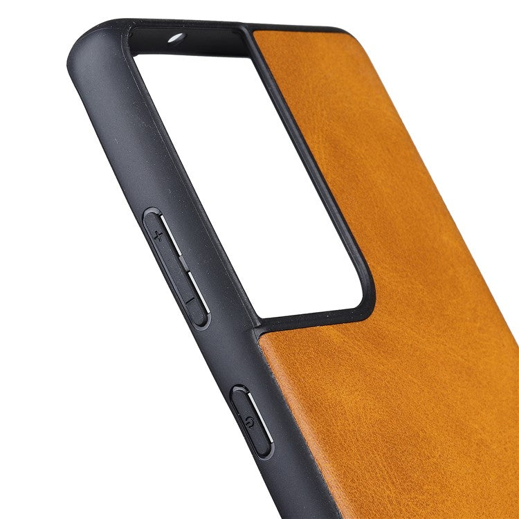 Leather Coated TPU+PC Phone Case for Samsung Galaxy S21 Ultra 5G - Brown