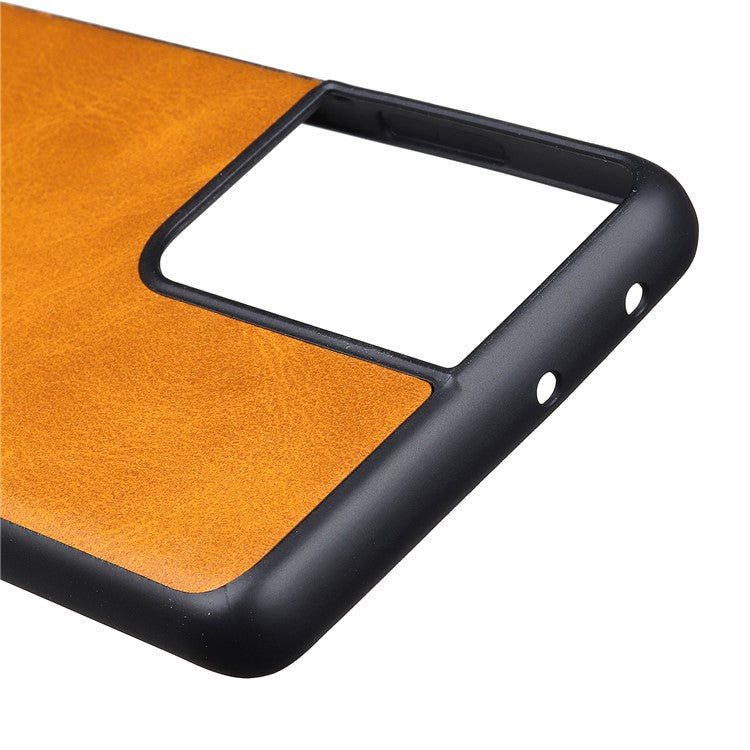 Leather Coated TPU+PC Phone Case for Samsung Galaxy S21 Ultra 5G - Brown