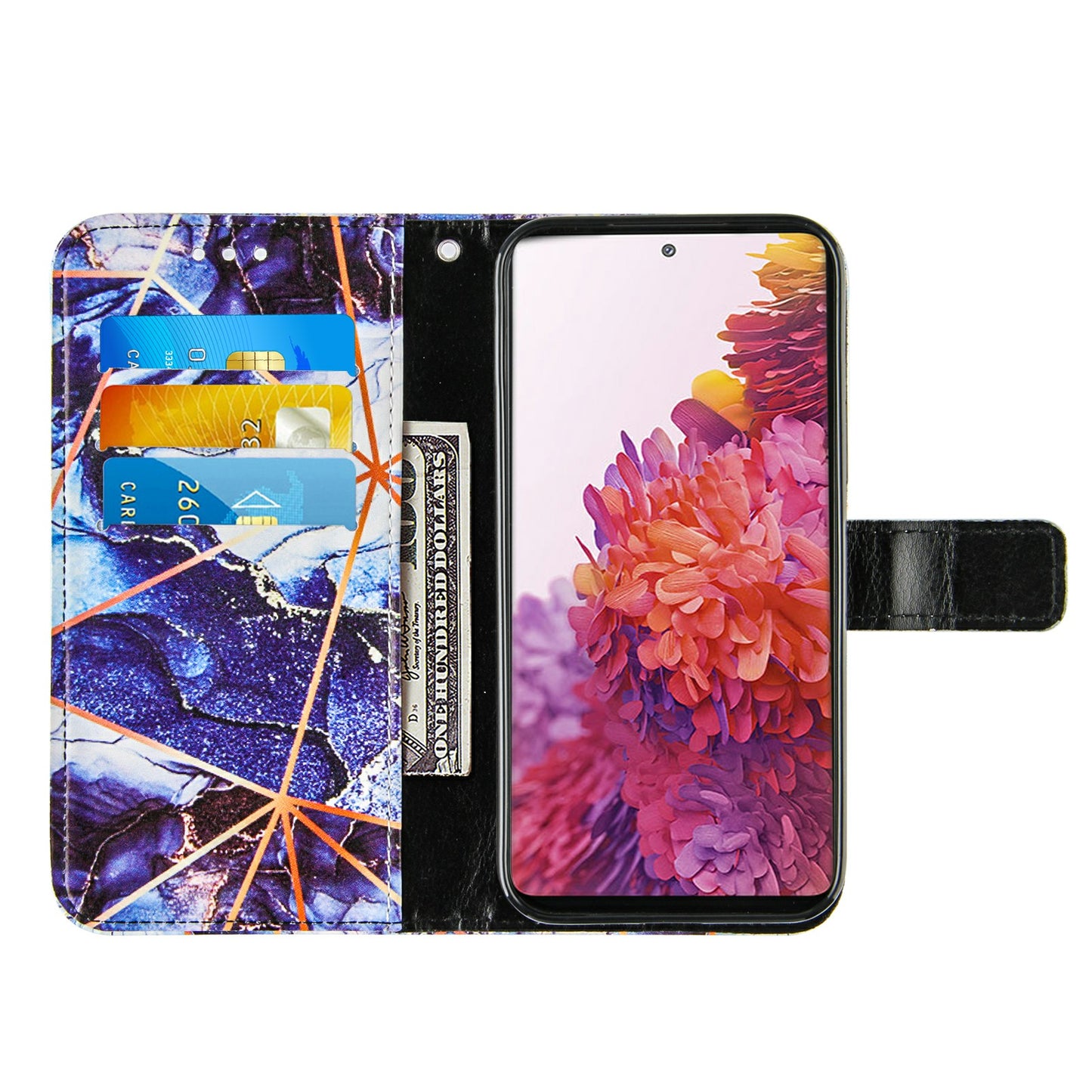 Full Protection Wallet Stand TPU + PU Leather Cover with Splicing Marble Pattern for Samsung Galaxy S20 FE 4G/FE 5G/S20 Lite/S20 FE 2022 - Dark Blue