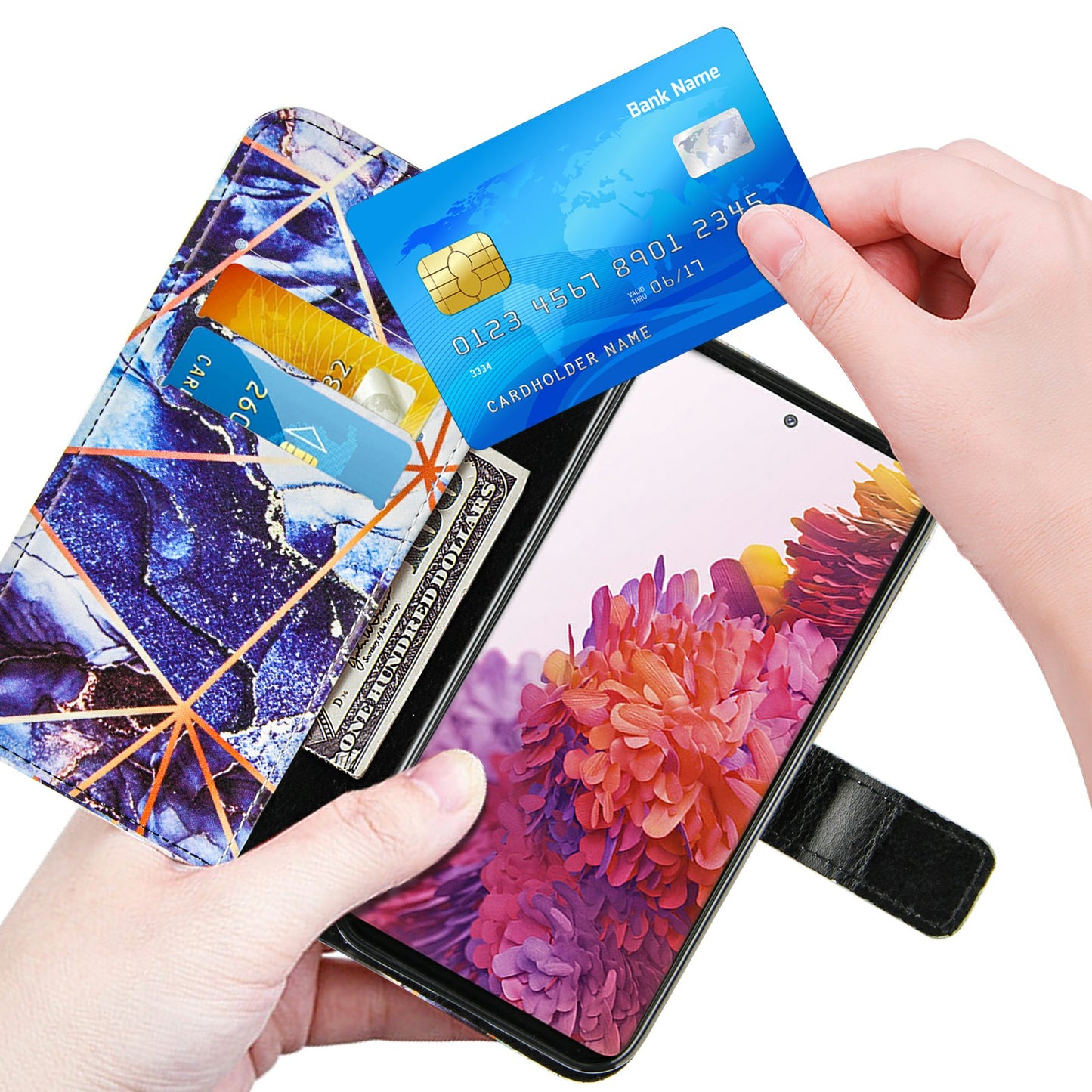 Full Protection Wallet Stand TPU + PU Leather Cover with Splicing Marble Pattern for Samsung Galaxy S20 FE 4G/FE 5G/S20 Lite/S20 FE 2022 - Dark Blue