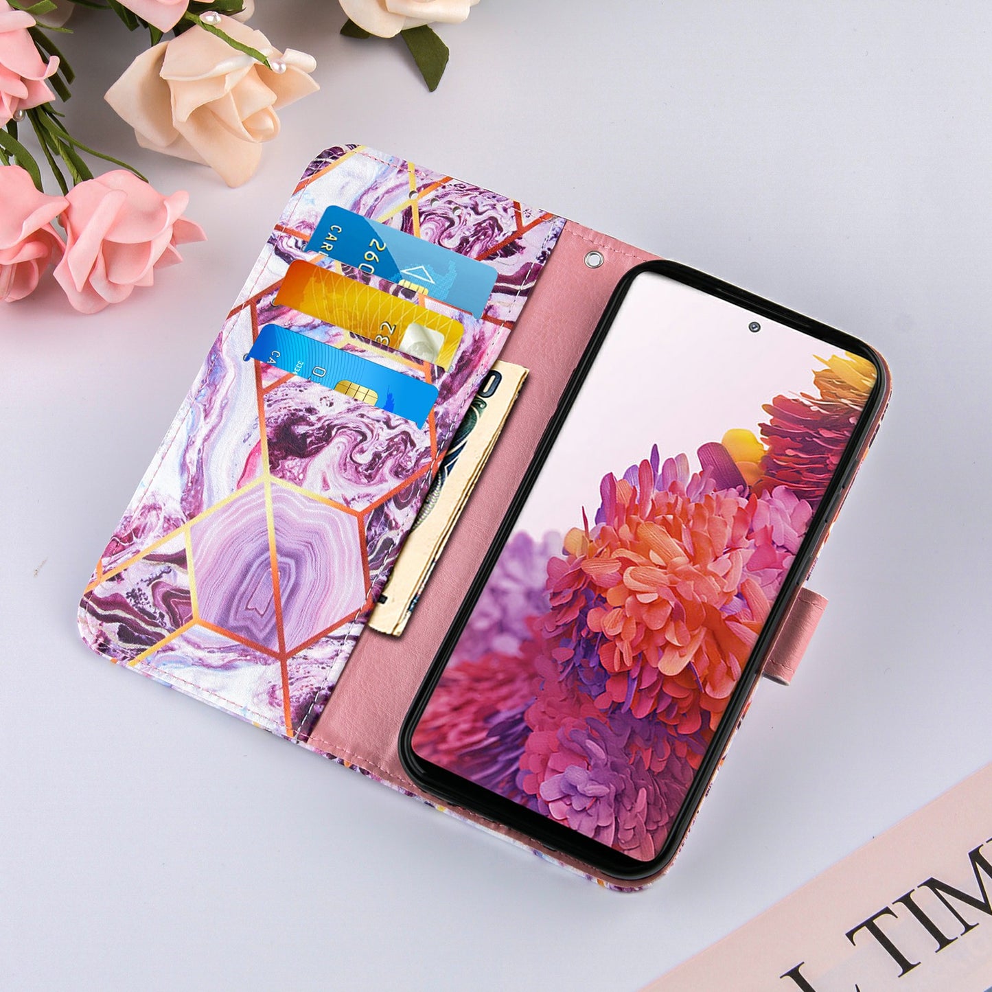 Full Protection Wallet Stand TPU + PU Leather Cover with Splicing Marble Pattern for Samsung Galaxy S20 FE 4G/FE 5G/S20 Lite/S20 FE 2022 - Purple