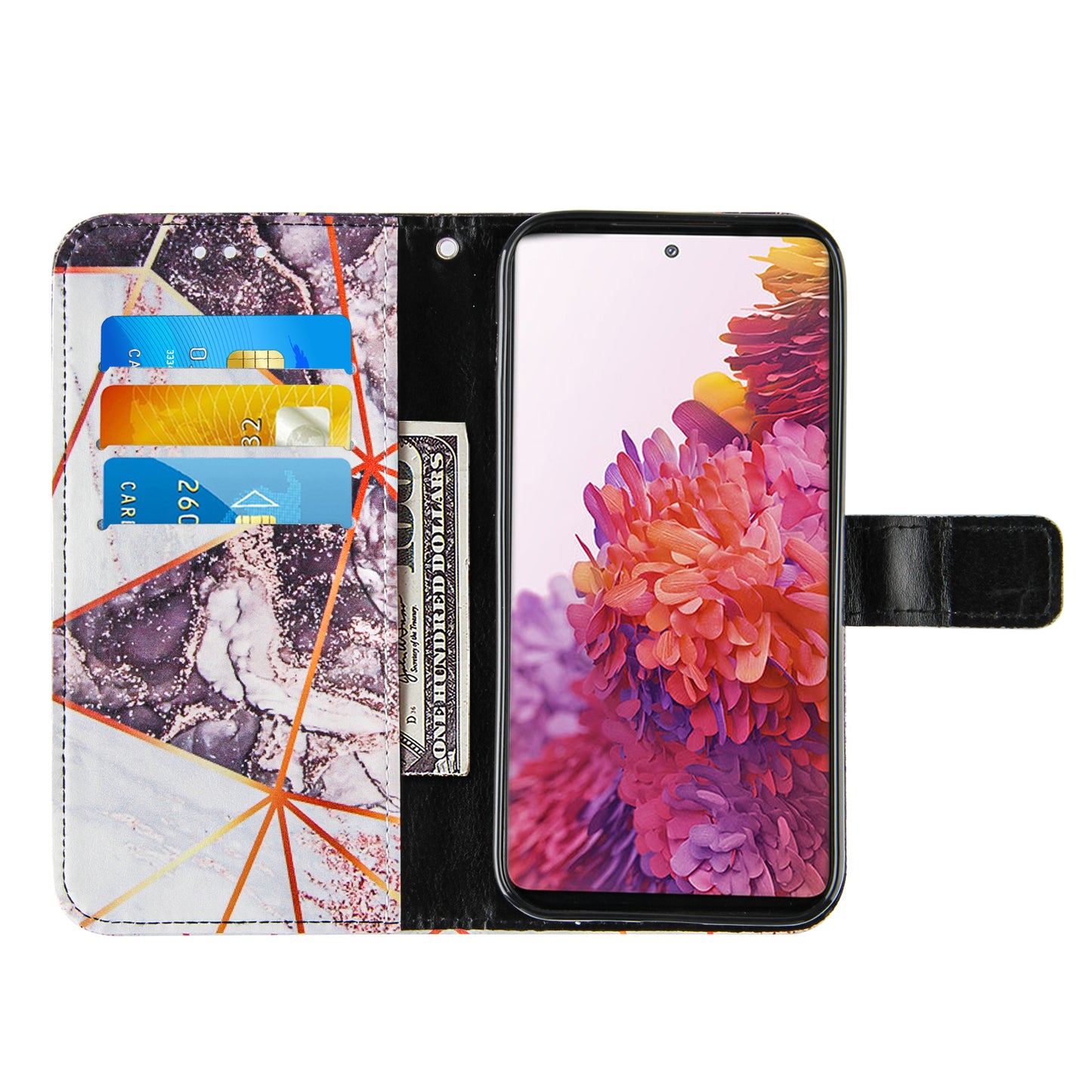 Full Protection Wallet Stand TPU + PU Leather Cover with Splicing Marble Pattern for Samsung Galaxy S20 FE 4G/FE 5G/S20 Lite/S20 FE 2022 - White/Black