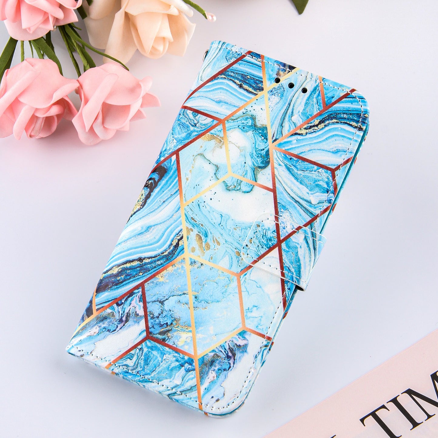 Full Protection Wallet Stand TPU + PU Leather Cover with Splicing Marble Pattern for Samsung Galaxy S20 FE 4G/FE 5G/S20 Lite/S20 FE 2022 - Sky Blue