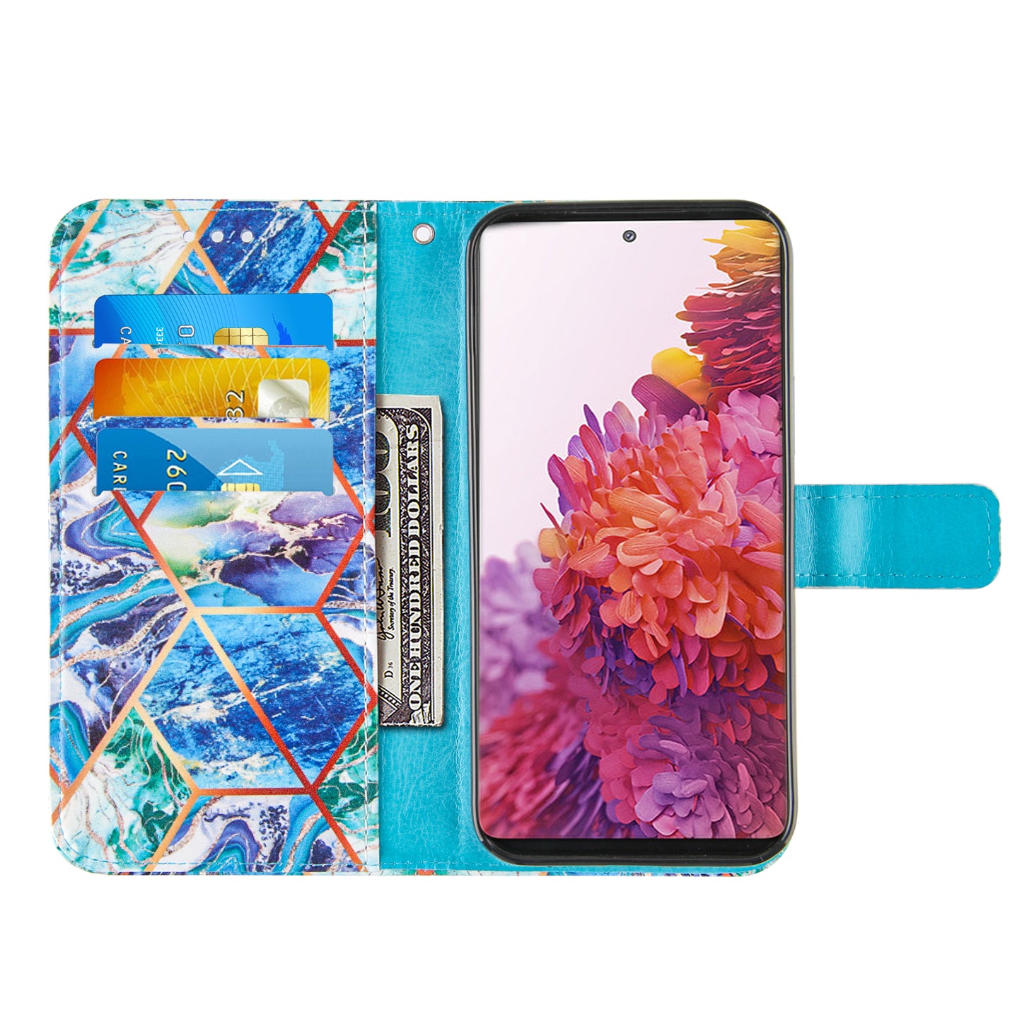 Full Protection Wallet Stand TPU + PU Leather Cover with Splicing Marble Pattern for Samsung Galaxy S20 FE 4G/FE 5G/S20 Lite/S20 FE 2022 - Blue