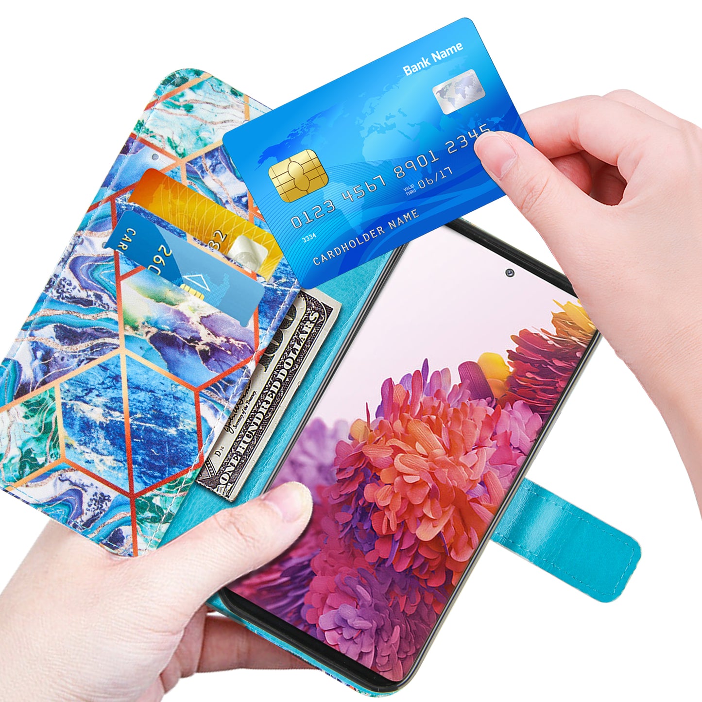Full Protection Wallet Stand TPU + PU Leather Cover with Splicing Marble Pattern for Samsung Galaxy S20 FE 4G/FE 5G/S20 Lite/S20 FE 2022 - Blue