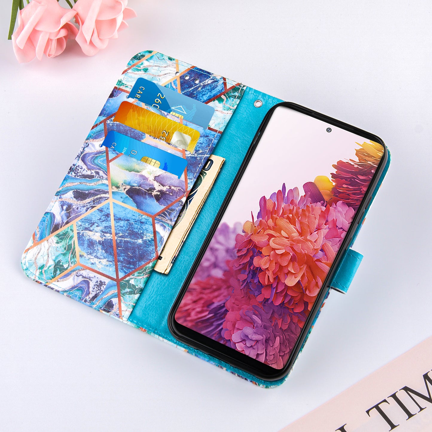 Full Protection Wallet Stand TPU + PU Leather Cover with Splicing Marble Pattern for Samsung Galaxy S20 FE 4G/FE 5G/S20 Lite/S20 FE 2022 - Blue