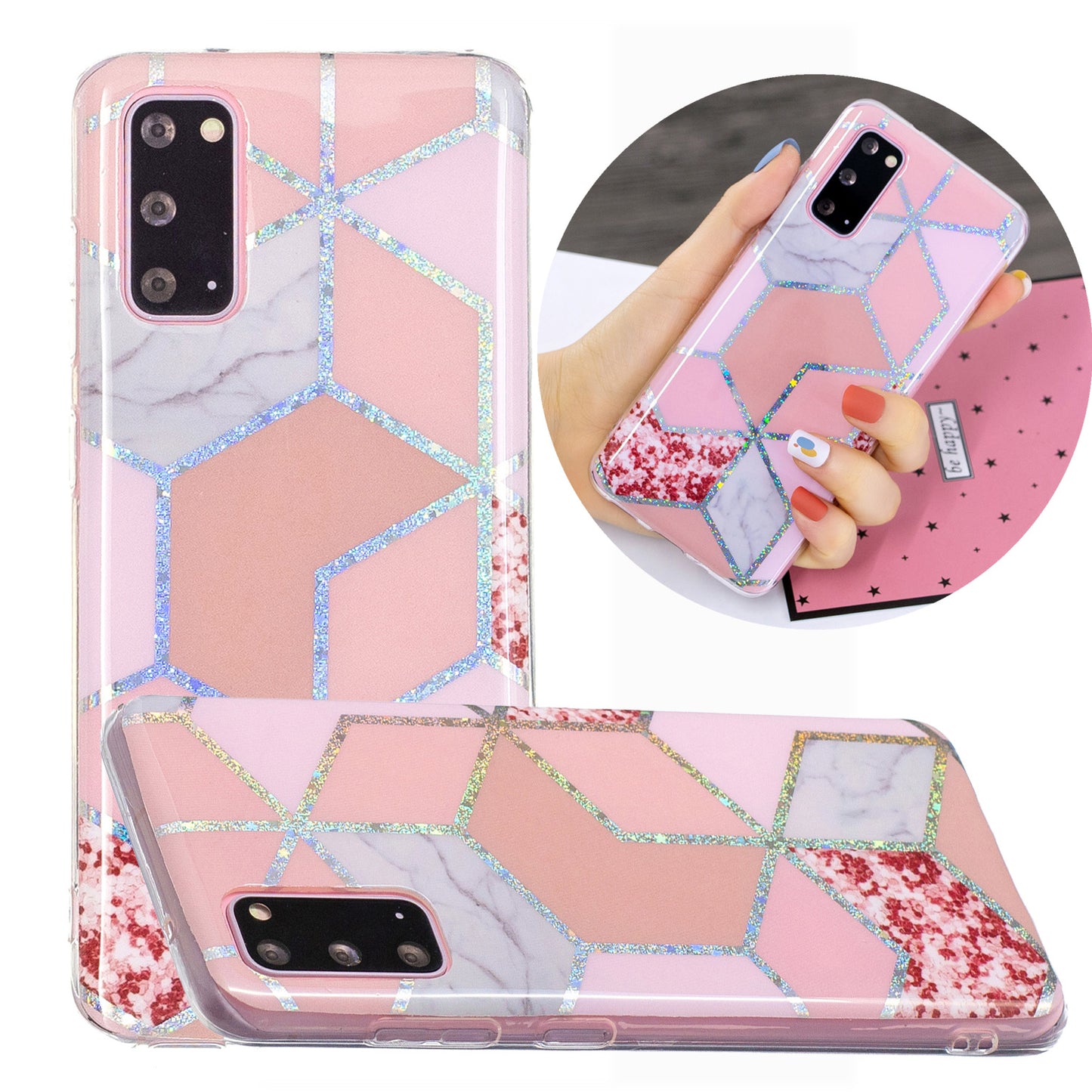 Marble Pattern Printing IMD Design TPU Case for Samsung Galaxy S20 4G/S20 5G - Pink Rhombus