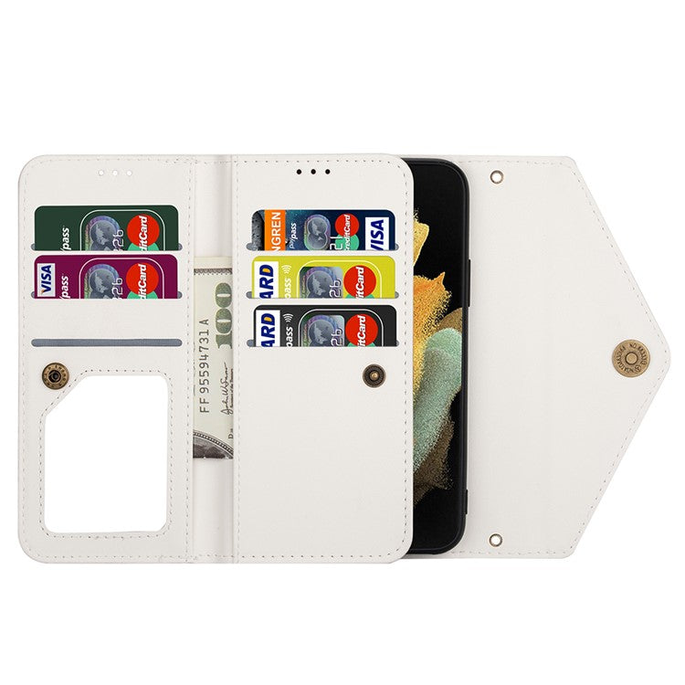 For Samsung Galaxy S21 Ultra 5G Zipper Wallet Phone Case Leather Stand Phone Cover Shell with Short/Long Strap - White
