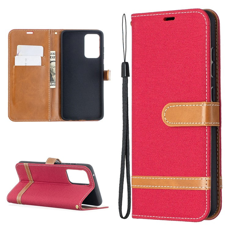 For Samsung Galaxy A52 4G/5G / A52s 5G Color Splicing Jeans Cloth Surface Wallet Leather Phone Cover - Red