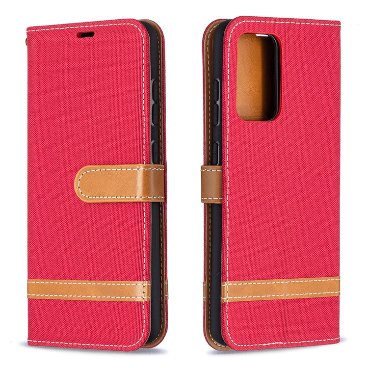 For Samsung Galaxy A52 4G/5G / A52s 5G Color Splicing Jeans Cloth Surface Wallet Leather Phone Cover - Red