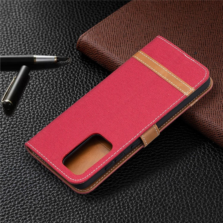 For Samsung Galaxy A52 4G/5G / A52s 5G Color Splicing Jeans Cloth Surface Wallet Leather Phone Cover - Red