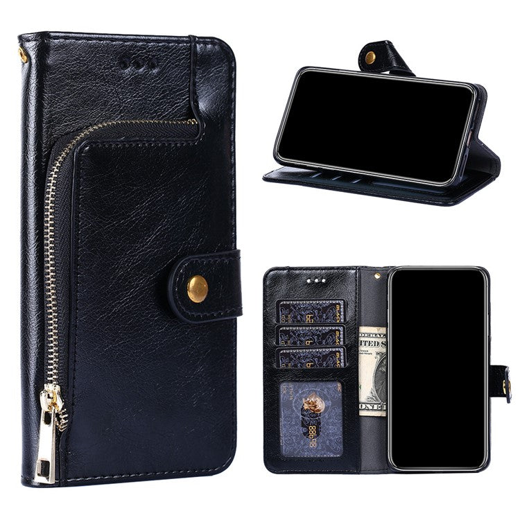 Leather Phone Case with Zipper Pocket for Samsung Galaxy A42 5G Wallet Stand Design Shell - Black
