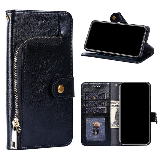 Leather Phone Case with Zipper Pocket for Samsung Galaxy A42 5G Wallet Stand Design Shell - Black