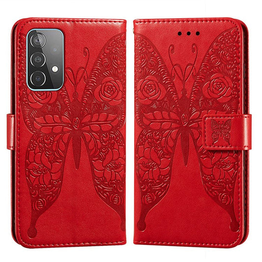 For Samsung Galaxy A52 4G/5G / A52s 5G Imprinted Rose Flower Butterflies Pattern Leather Wallet Stand Case - Red