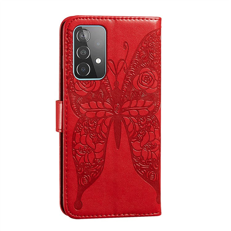For Samsung Galaxy A52 4G/5G / A52s 5G Imprinted Rose Flower Butterflies Pattern Leather Wallet Stand Case - Red