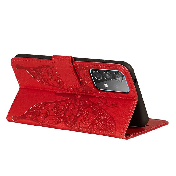 For Samsung Galaxy A52 4G/5G / A52s 5G Imprinted Rose Flower Butterflies Pattern Leather Wallet Stand Case - Red