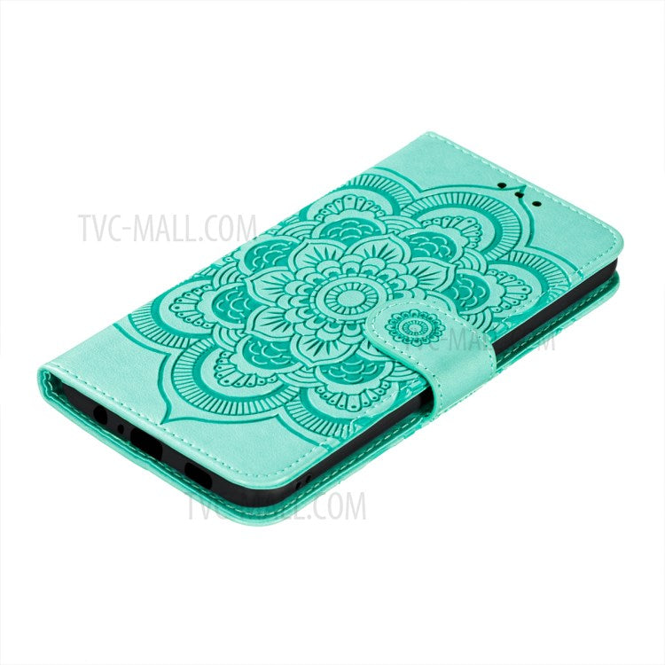 Imprint Mandala Flower Stand for Samsung Galaxy A72 5G / A72 4G Leather Case - Cyan