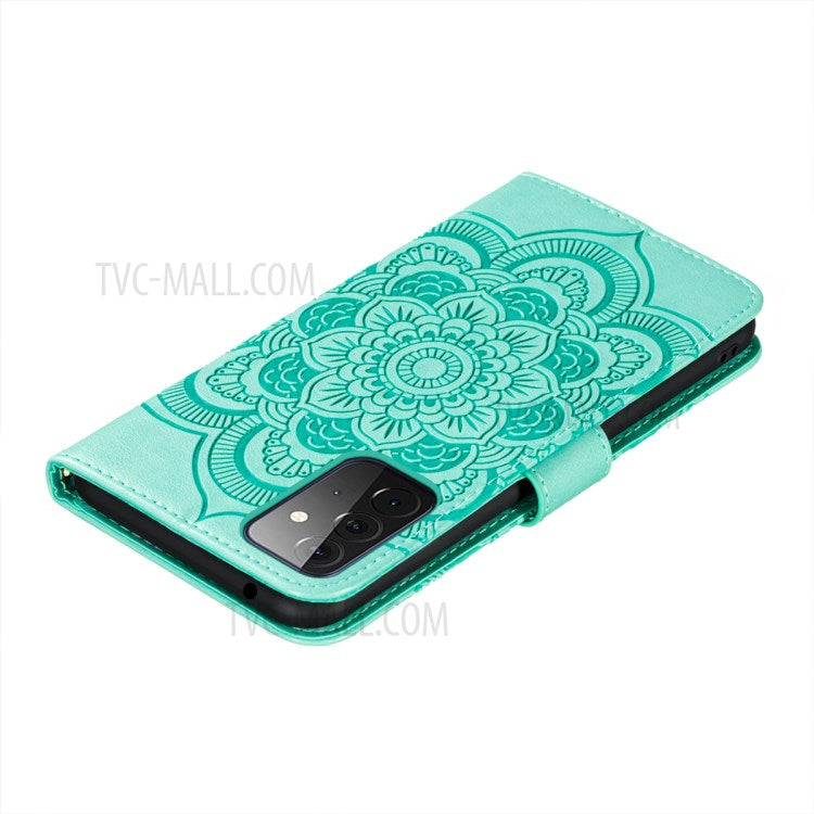Imprint Mandala Flower Stand for Samsung Galaxy A72 5G / A72 4G Leather Case - Cyan