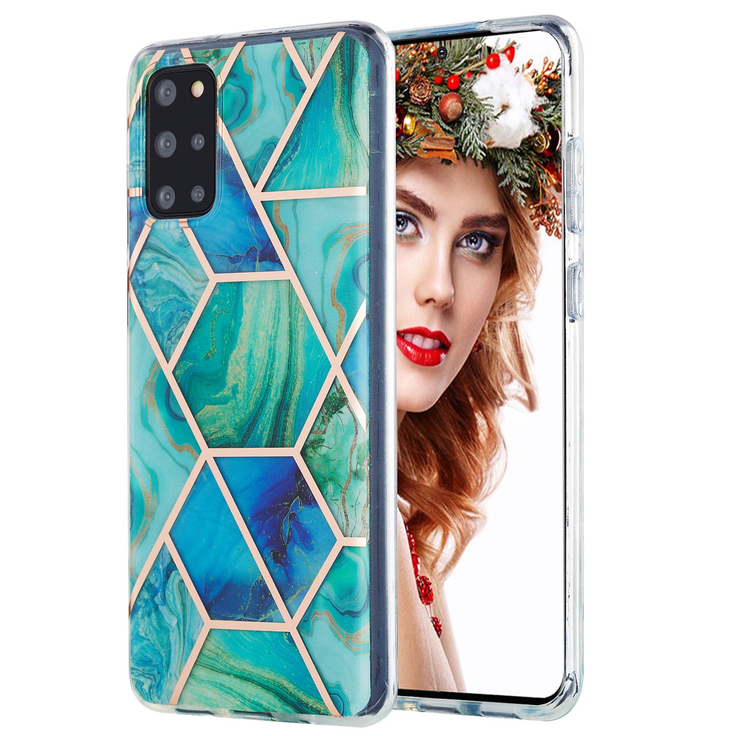 Electroplating IMD Marble Pattern Splicing Design 2.0mm TPU Protector Cover for Samsung Galaxy S20 Plus - Blue/Green