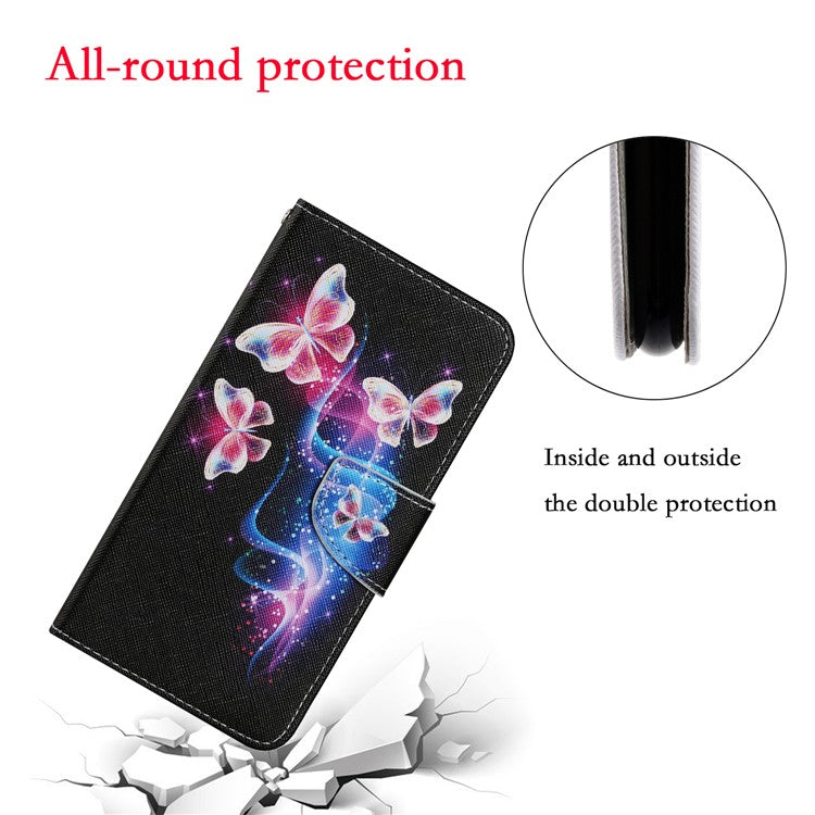 Pattern Printing TPU + PU Leather Wallet Stand Phone Case with Lanyard for Samsung Galaxy A72 5G / A72 4G - Glittery Butterfly