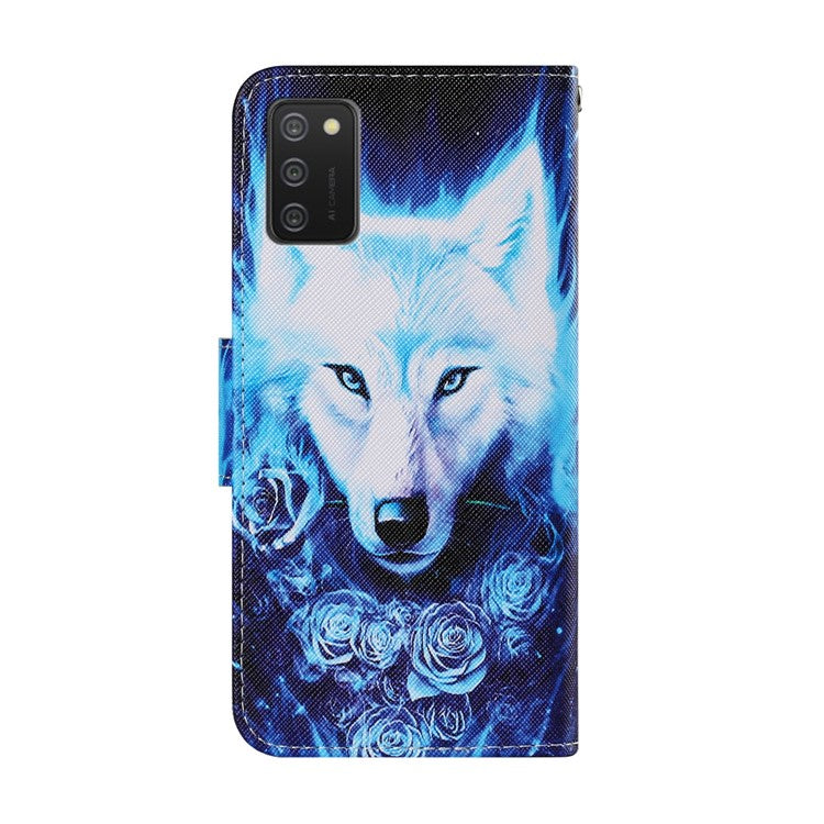 Pattern Printing TPU + PU Leather Wallet Stand Phone Case with Lanyard for Samsung Galaxy A02s (164.2x75.9x9.1mm) - Wolf