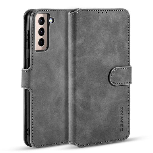For Samsung Galaxy S21 4G/5G DG.MING Retro Style Leather Wallet Case Stand Cover - Grey